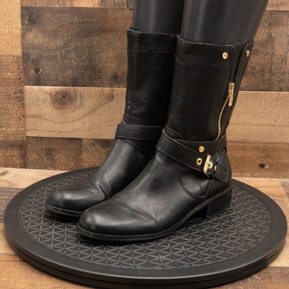MARC FISHER DOLCA MOTO WOMENS BOOTS BLACK LEATHER SIDE ZIP PULL ON BUCKLE SZ 7M - Picture 1 of 9